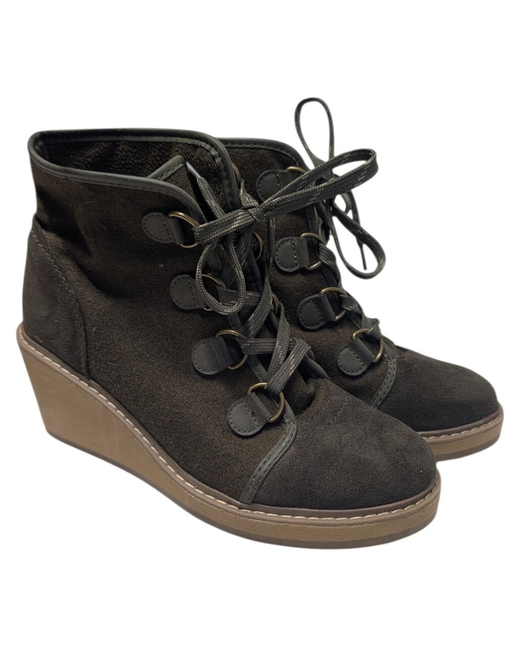 Merona Women's Green Faux Suede Lace Up Wedge Ankle Bootie Fleece Lined Size 10